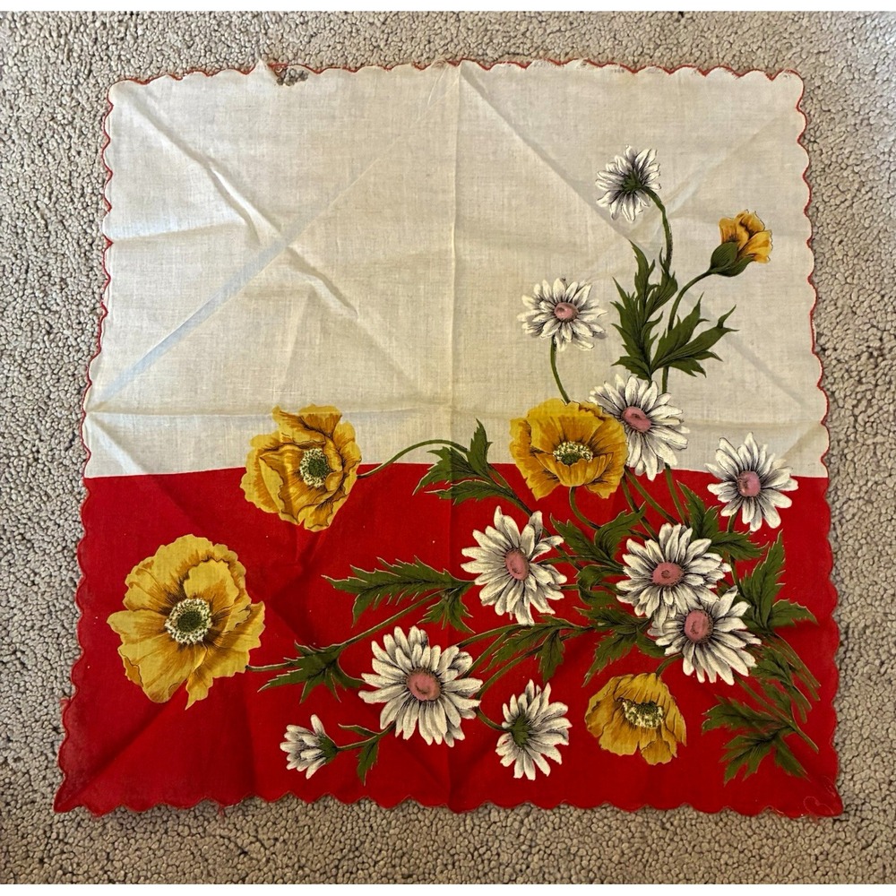 Floral Print Scalloped Edge Handkerchief White Red Yellow Green Flowers